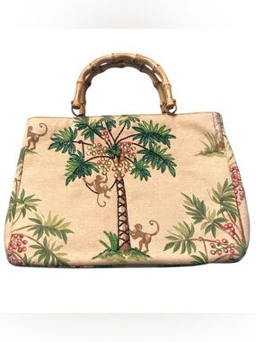 Vintage Isabella Fiore beaded canvas handbag tropical monkey palm tree bamboo